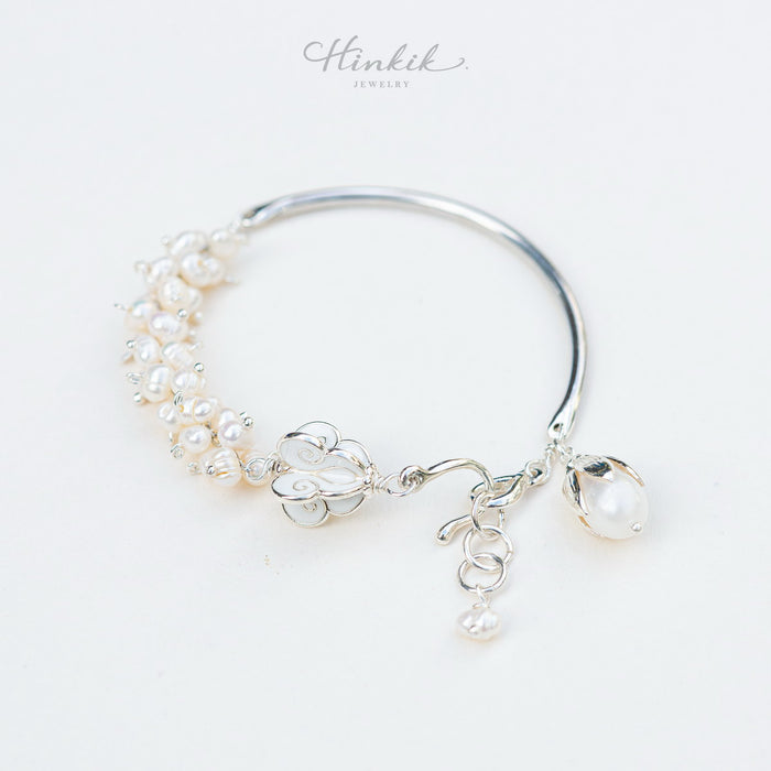 Dokrak Mali Silver Bracelet Pearl Half Circle Thai Style Floral Garland 925 Silver