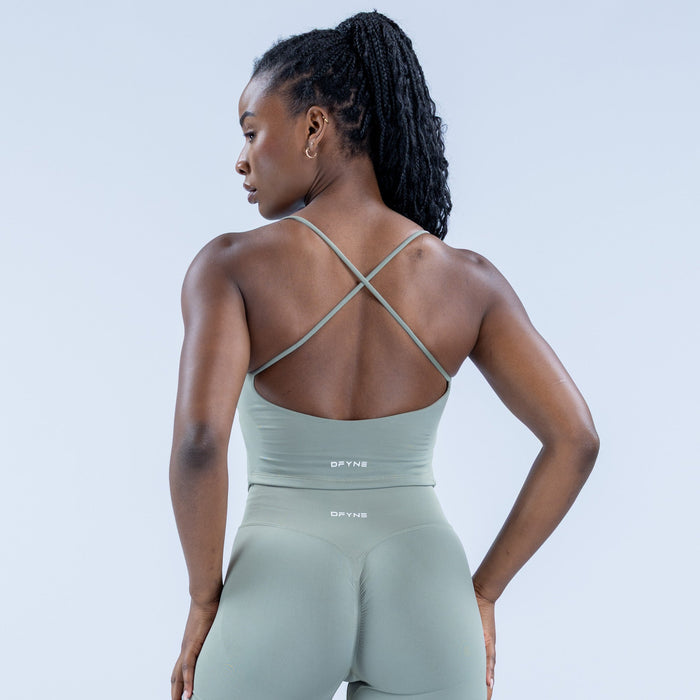 Light sage strappy sports top with crisscross back straps