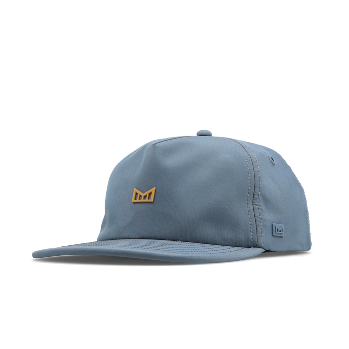 The angled view of the melin Split Crushed Fit Eagle Hydro hat in blue stone / gum