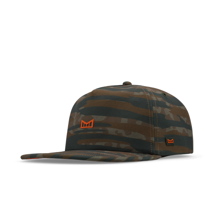 Brown and black striped camouflage baseball cap with orange logo emblem on front and side.