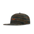 Brown and black striped camouflage baseball cap with orange logo emblem on front and side.