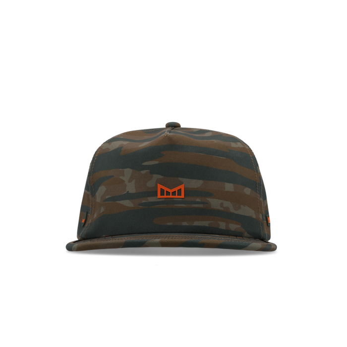 Snapback cap with brown and black camouflage pattern and orange logo on front.