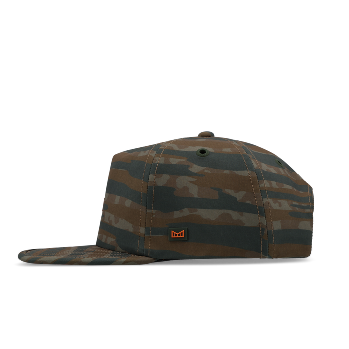 Brown and black camouflage snapback cap with embroidered logo on front panel and visible stitching details.