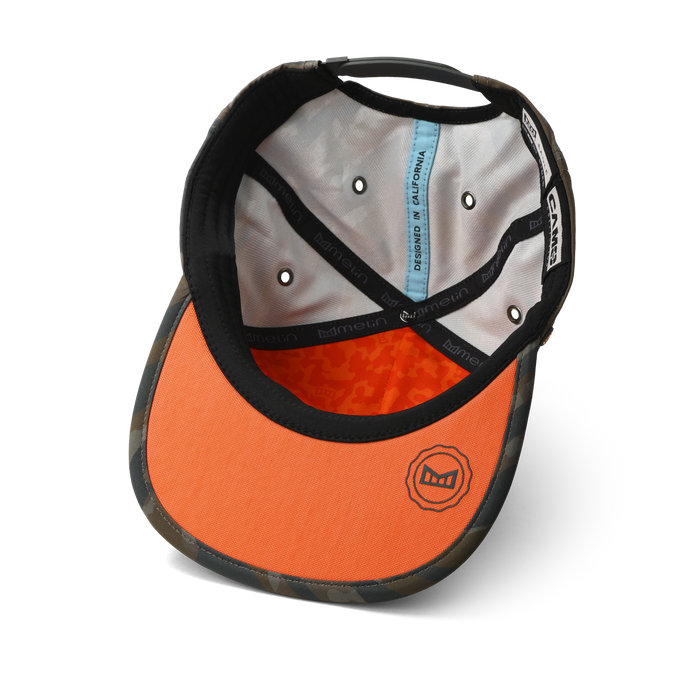 Baseball cap with orange visor, gray and black paneled crown, adjustable back strap, and circular logo on front.