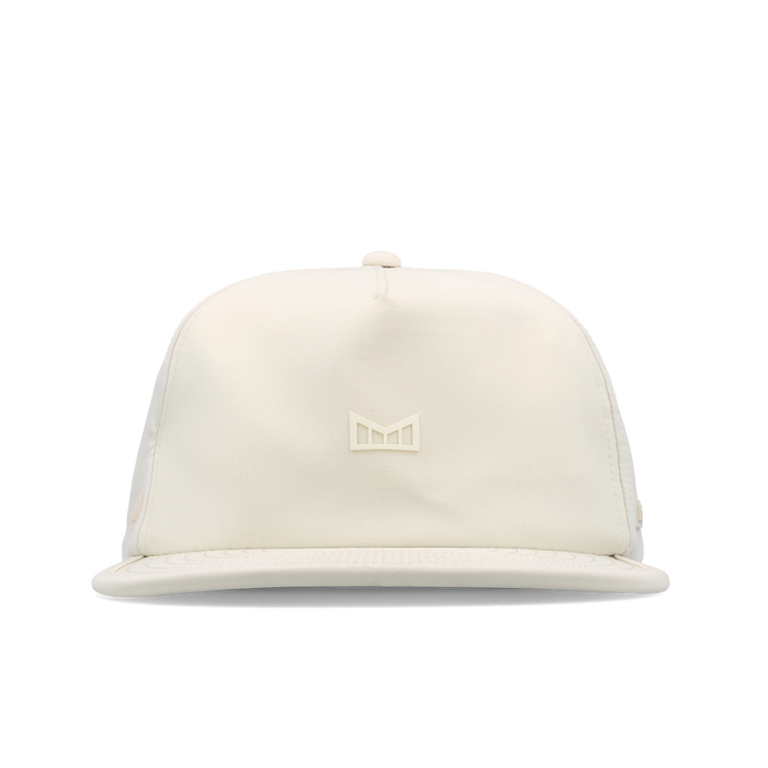 The frontal view of the melin Split Crushed Fit Eagle Icon Hydro hat in egret