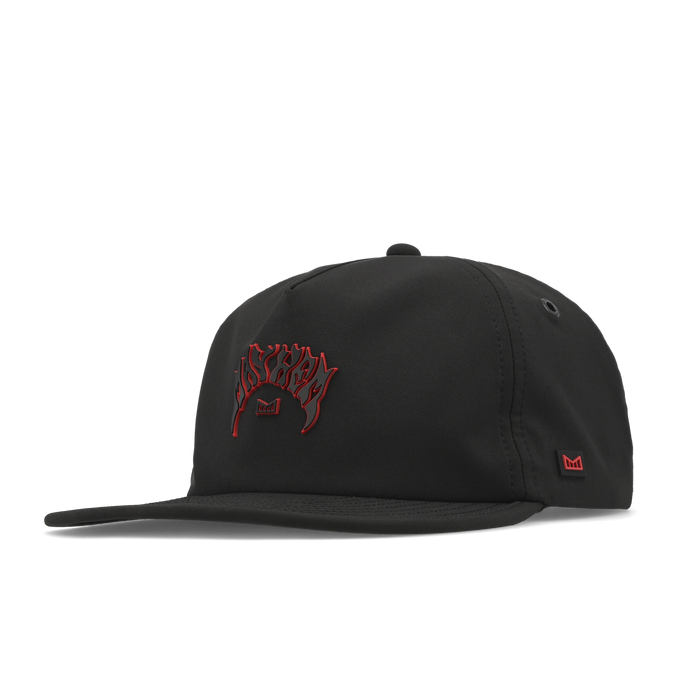 The angled view of the melin Split Crushed Fit Eagle Mayhem Hydro hat in black