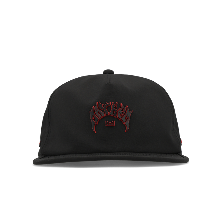 The frontal view of the melin Split Crushed Fit Eagle Mayhem Hydro hat in black