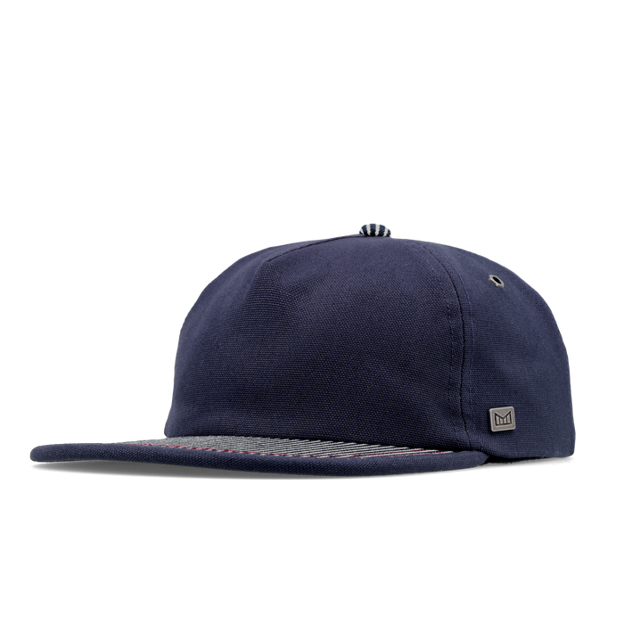 The angled view of the melin Split Crushed Fit Eagle Mill Union hat in hickory denim