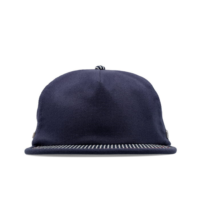 The frontal view of the melin Split Crushed Fit Eagle Mill Union hat in hickory denim
