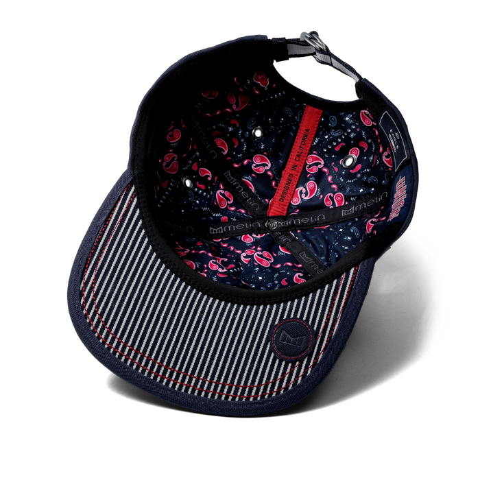 The inside view of the melin Split Crushed Fit Eagle Mill Union hat in hickory denim