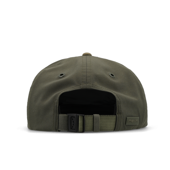 The back view of the melin Eagle Packable Hydro Split Crushed Fit in Kalamata
