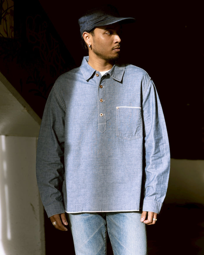 F3487 CHAMBRAY PULL OVER SHIRT - BLUE