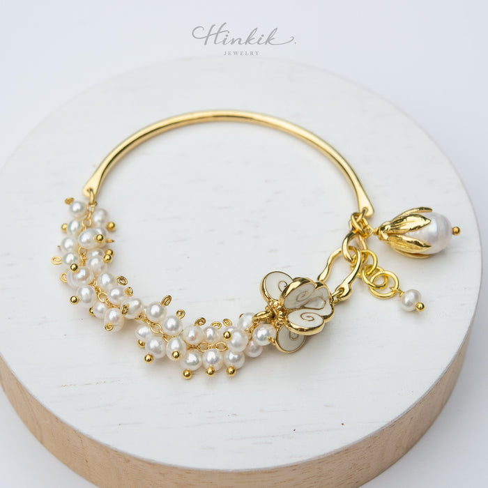 Flower Crown Garland Half Bangle Bracelet Beaded with Freshwater Pearls