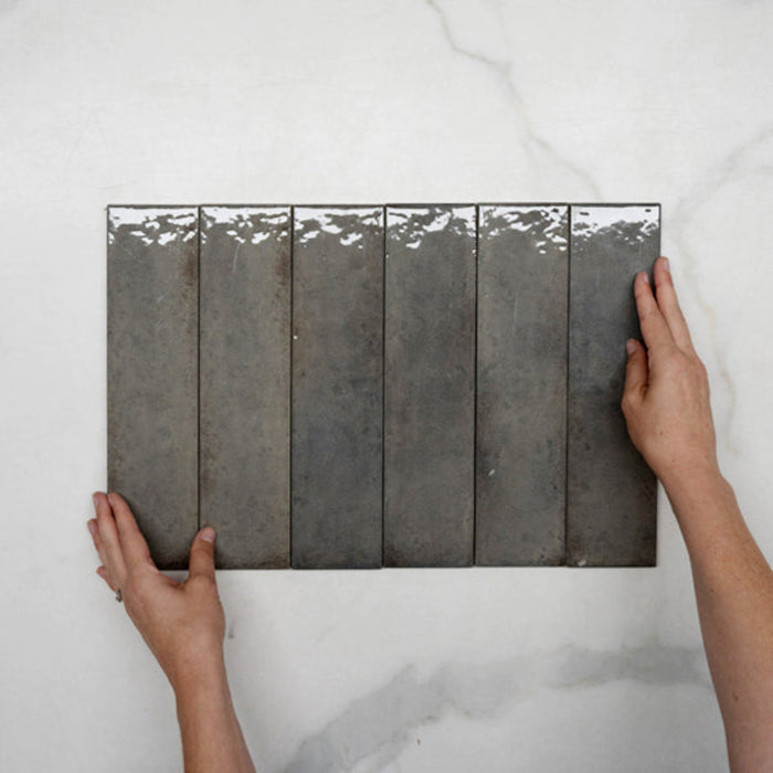 Grey Andrea Subway Tile Textural Gloss 75 x 300 x 8mm Italian Porcelain