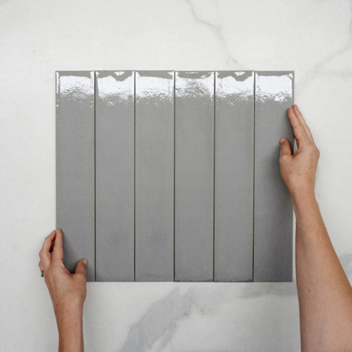 Pattern With Hand Grigio Theo Subway Tile 75 x 400mm Italian Porcelain  - The Blue Space