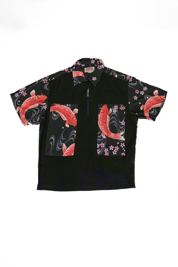 HALF ZIP ALOHA SHIRT - BLACK KOI