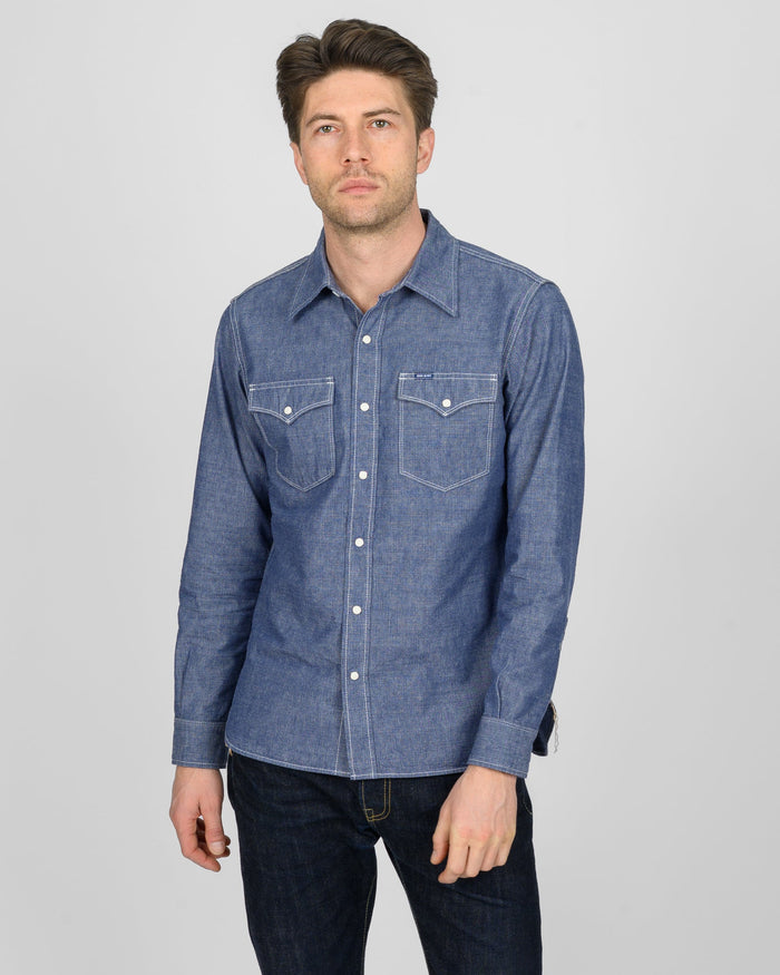 IHSH-13-BLU 10oz Selvedge Chambray Single Yoke Western Shirt - BLUE