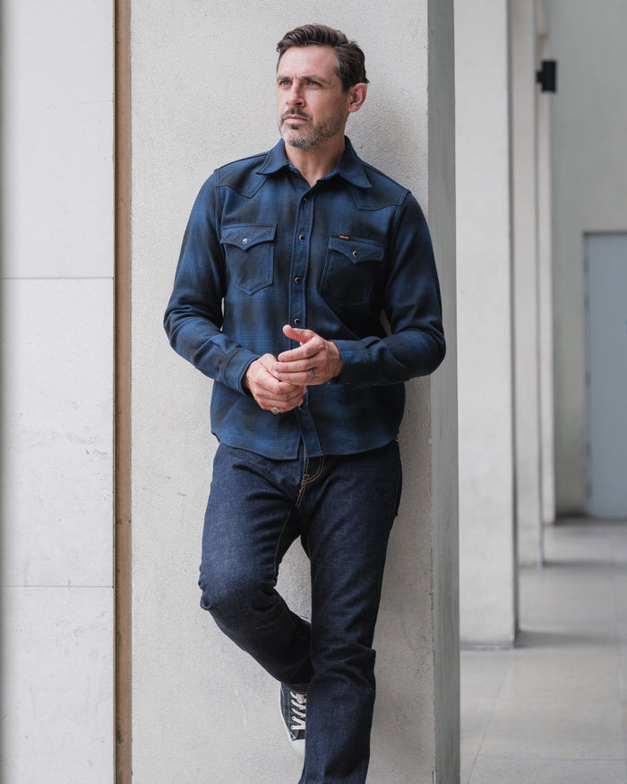 IHSH-264-NAV Ultra Heavy Flannel Ombré Check Western Shirt - NAVY/BLACK