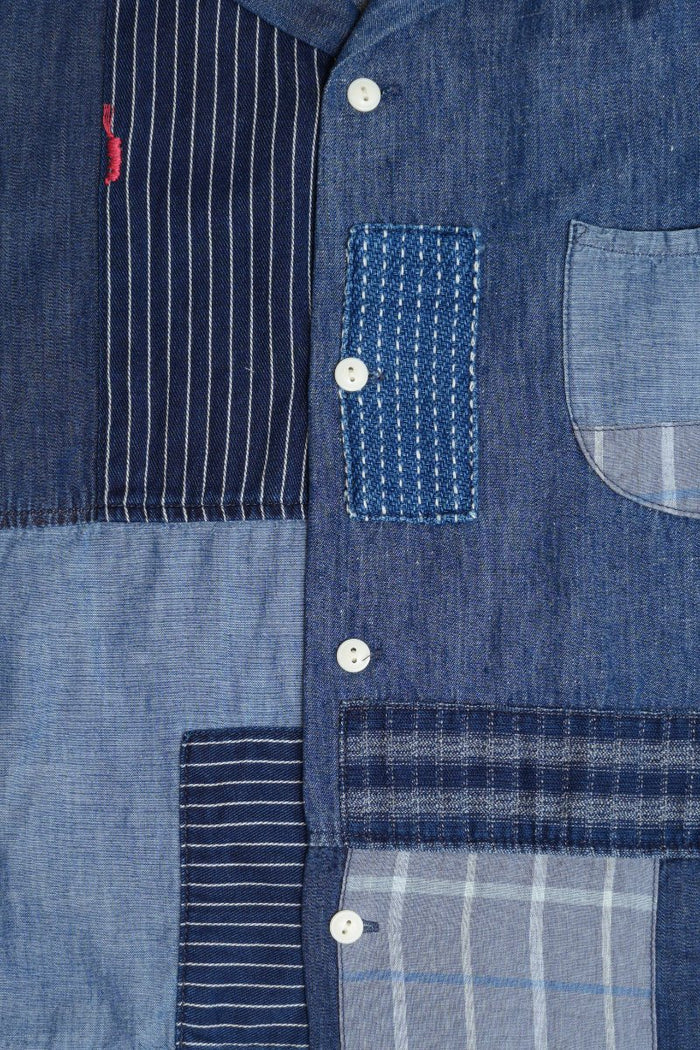 INDIGO MIX FABRIC PATCHWORK S/S OPEN SHIRT - INDIGO