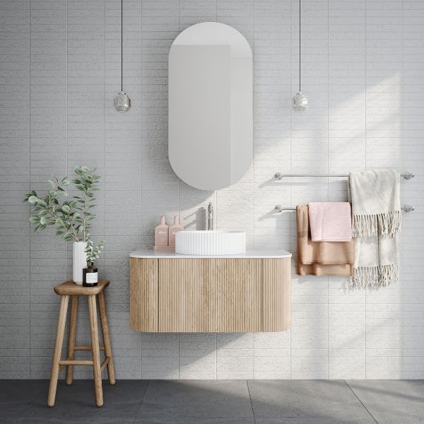 Ingrain Ash Woodgrain Pill Shaped Large Shaving Cabinet IGPMC500 in elegant feminine bathroom.  Shop shaving cabinets online at The Blue Space