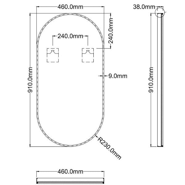 INGRPM90-MB | Ingrain Pill Shaped Brushed Nickel Framed Mirror 460mm by 910mm Technical Drawing The Blue Space