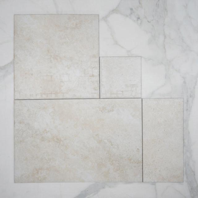Ivory Amara Travertine Tile External French Pattern Porcelain  | The Blue Space