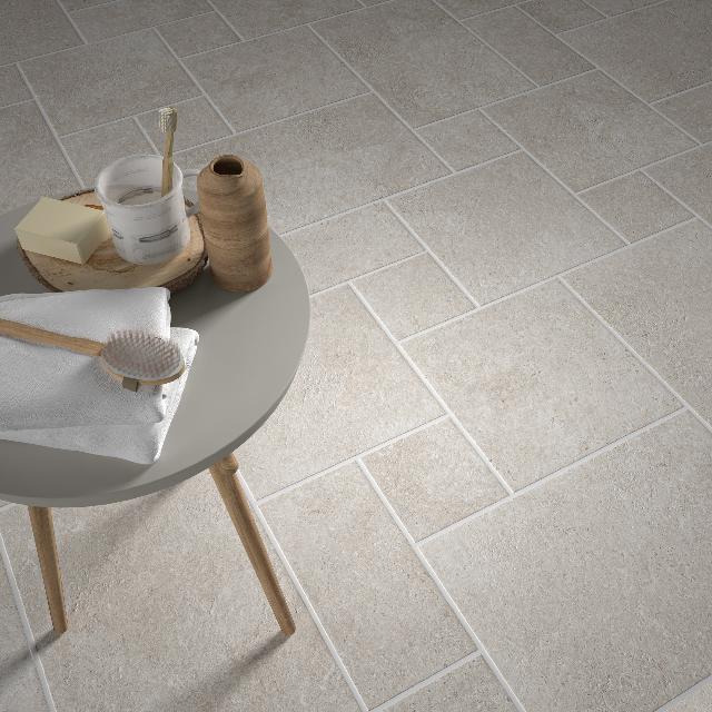 Ivory Amara Travertine Tile Matt French Pattern Porcelain  | The Blue Space