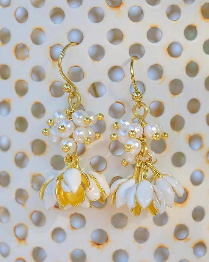 Jasmine Flower Dangle Earrings with Genuine Pearls