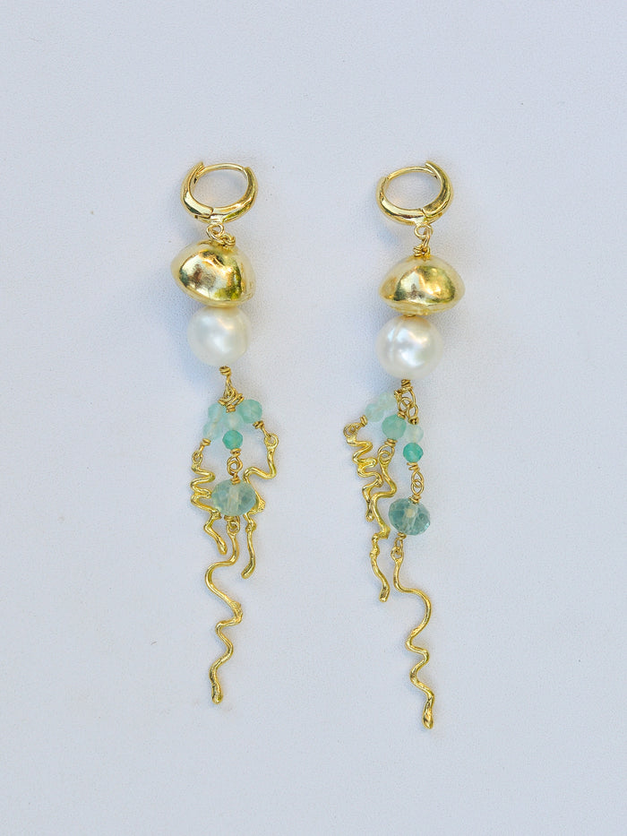 Jellyfish Earrings with Real Pearls and Fluorite Stones
