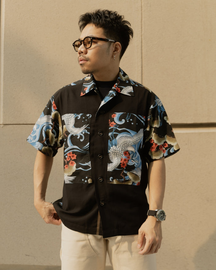 MASH UP ALOHA SHIRT - BLACK CRANE