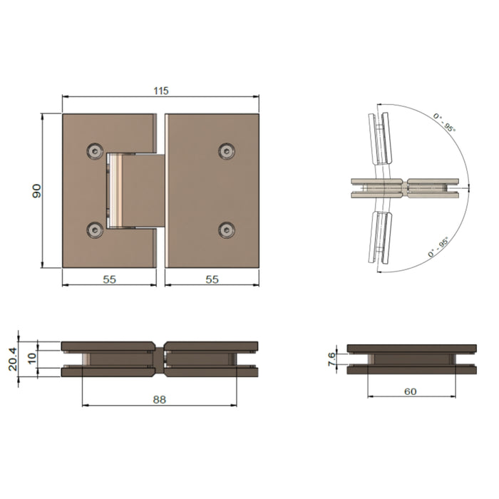 Technical Drawing Meir Glass To Glass Shower Door Hinge MGA01N-CH - The Blue Space
