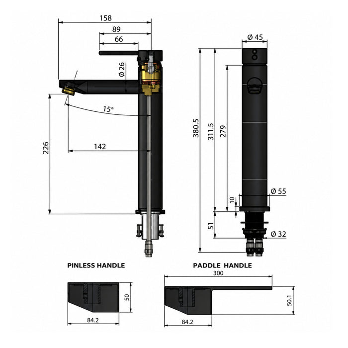 Line Drawing Meir Paddle Round Tall Basin Mixer - Champagne MB04PD-R2-CH - The Blue Space