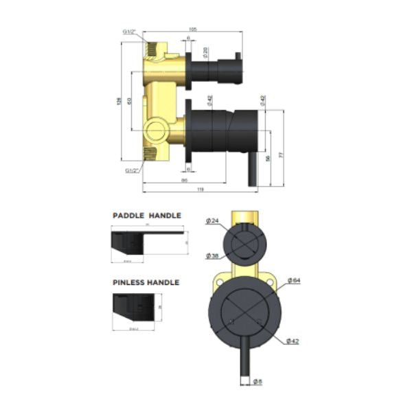 Technical Drawing: Meir Paddle Round Wall Mixer with Diverter
