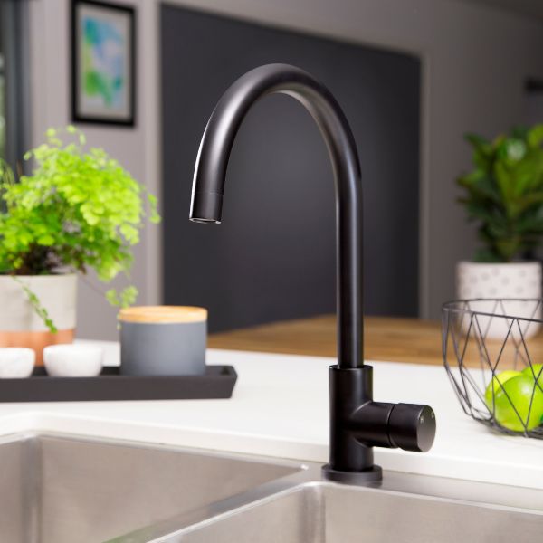 Meir Pinless Round Kitchen Sink Mixer Tap Matte Black in Modern Kitchen Design - The Blue Space
