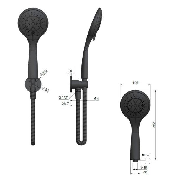 Meir Round 3 Function Hand Shower on Fixed Bracket technical drawing - The Blue Space