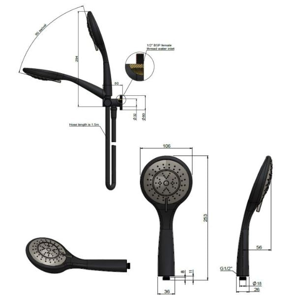 Meir 3 function hand shower on swivel outlet, technical drawing - The Blue Space