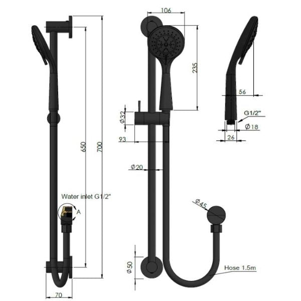 Meir Round 3 Function Rail Shower technical drawing - The Blue Space