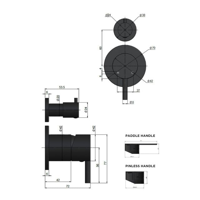 Technical Drawing Meir Round Diverter Mixer Pinless Handle Brushed Nickel Trim Kit MW07TSPN-FIN-PVDBN - The Blue Space
