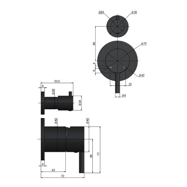 Technical Drawing Meir Round Diverter Mixer Tiger Bronze Trim Kit MW07TS-FIN-PVDBB - The Blue Space