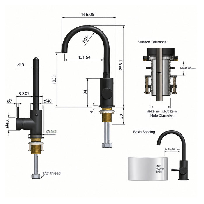 Line Drawing Meir Round Gooseneck Basin Mixer with Cold Start Brushed Nickel MB17-PVDBN - The Blue Space