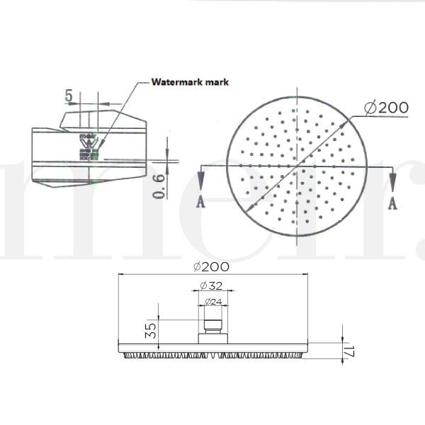 Meir Round Rain Shower Head 200mm Technical Drawing - The Blue Space