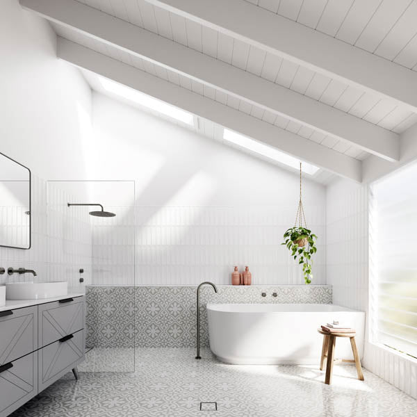 Meir Round Shower Rose 300mm - Shadow with Baö Elegant Back to Corner Bath  - The Blue Space