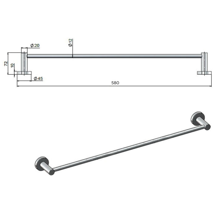 Technical Drawing Meir Round Single Towel Rail 600mm Tiger Bronze MR01-SR60-PVDBB - The Blue Space