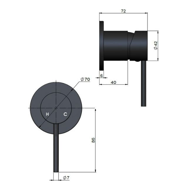 Technical Drawing Meir Round Wall Mixer Lustre Bronze Trim Kit MW03-FIN-PVDBZ - The Blue Space