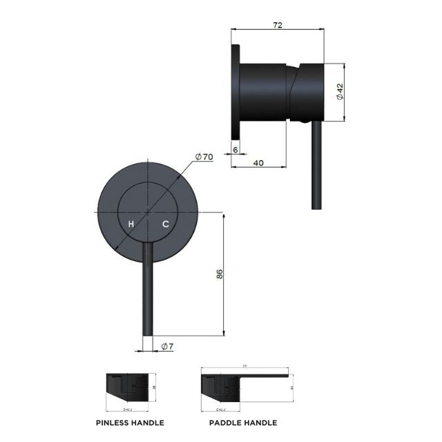 Technical Drawing Meir Round Wall Mixer Paddle Handle Brushed Nickel Trim Kit MW03PD-FIN-PVDBN - The Blue Space
