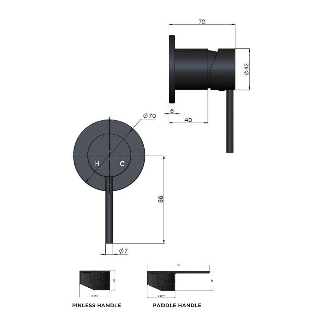 Technical Drawing Meir Round Wall Mixer Pinless Handle Matte Black Trim Kit MW03PN-FIN - The Blue Space