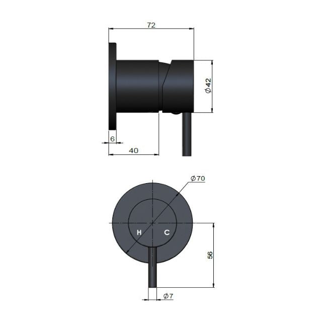 Technical Drawing Meir Round Wall Mixer Short Pin Lever Matte Black Trim Kit MW03S-FIN - The Blue Space
