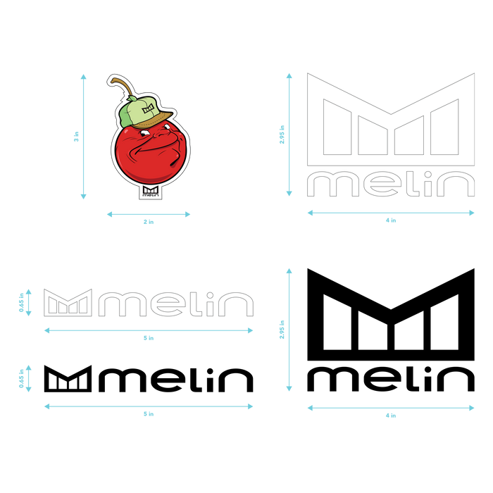 Pack of five melin stickers including animated red tomato character and logo designs in various sizes.