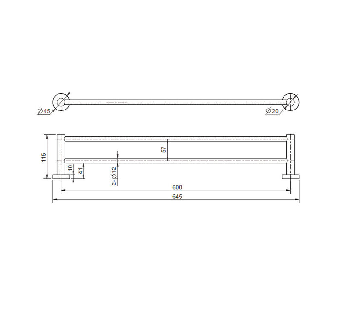 Technical Drawing: Mirage Double Towel Rail 600mm Brushed Bronze