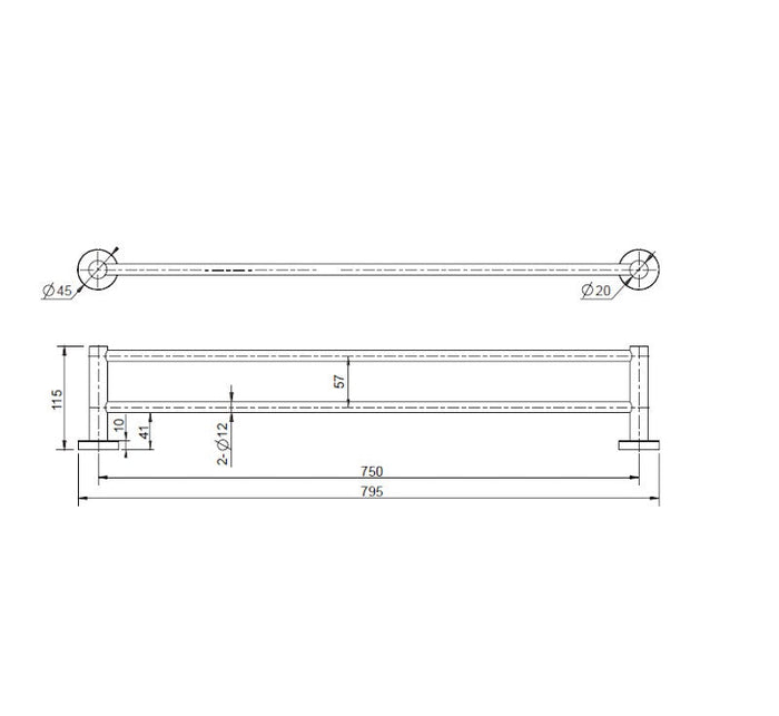 Technical Drawing: Mirage Double Towel Rail Matte Black 600
